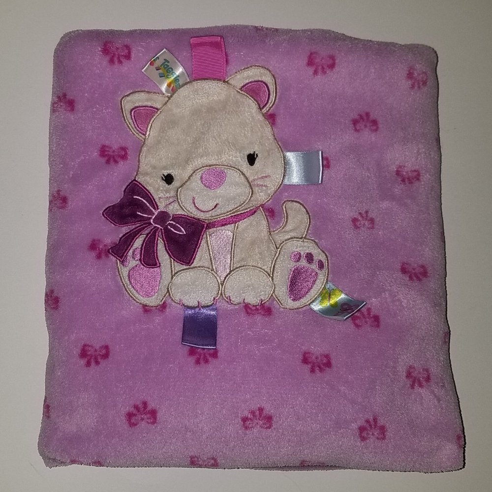Taggies Purple Kitty Cat Baby Blanket Lovey Fleece Toy Kitten Tan White Bows